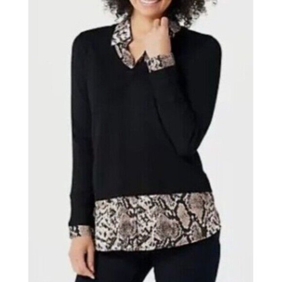 Belle By Kim Gravel Sz XXS Feather Knit Sweater & Woven Printed Combo Blouse EUC - Picture 2 of 14